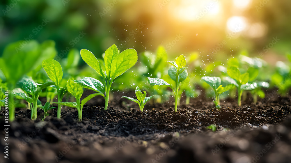 Poster advanced agricultural technology showcasing a precision irrigation system efficiently watering crops