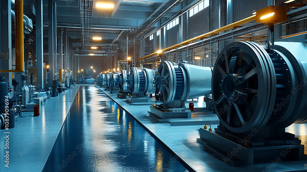 Poster view of water pumps within a large power plant, emphasizing their scale and importance in operations