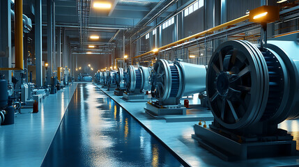 Fototapeta premium View of water pumps within a large power plant, emphasizing their scale and importance in operations