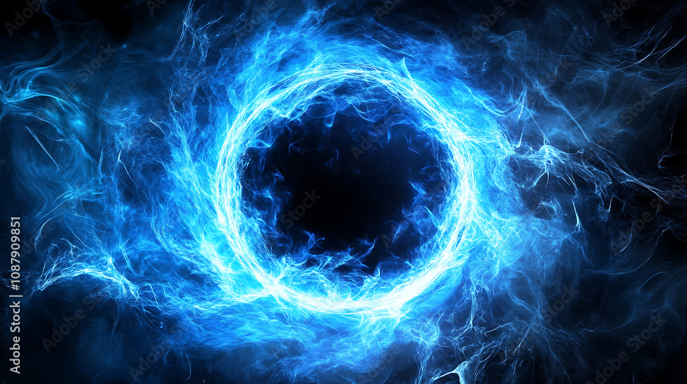 Poster Abstract blue neon background with a glowing circular frame, portal or vortex and light effect on a black backdrop