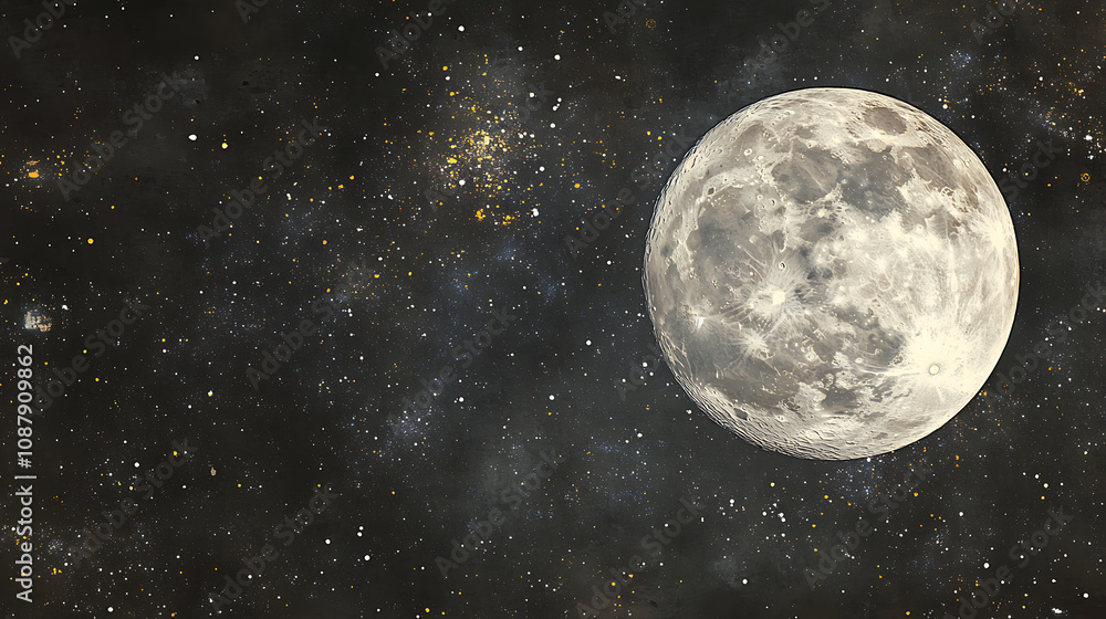 Poster astronomical scene featuring the moon with detailed craters against the backdrop of deep space and t