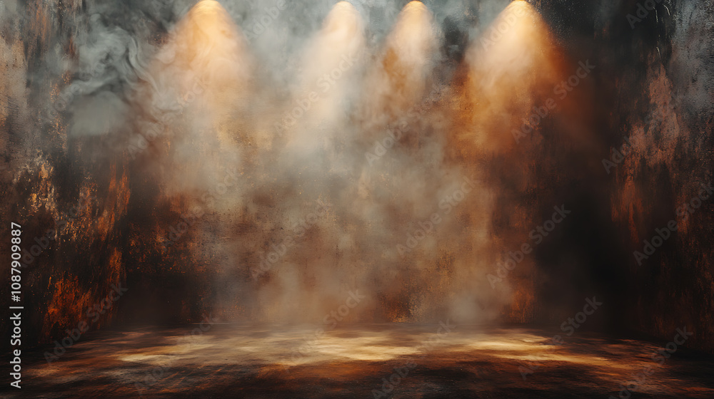 Poster ethereal empty stage with mist fog and brown spotlights moody atmospheric background for artistic di