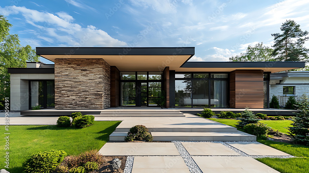Poster architect's project for the construction of a modern residential house in the form of a sketch with 