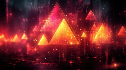 Glowing red and orange triangles in dark, futuristic cityscape.