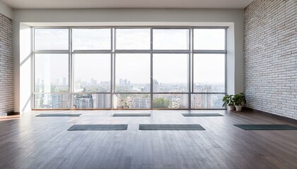 Obraz premium Stylish bright white yoga studio gym interior with brick wall, window and city view. 3D Rendering.