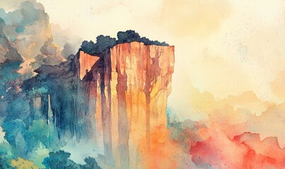 Illustrate a breathtaking cliff rising from a lush, vibrant landscape using a mix of traditional watercolor techniques for a dreamy, ethereal feel