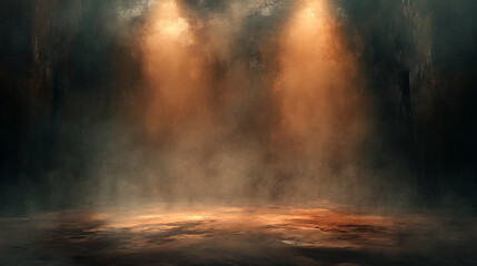 Ethereal empty stage with mist fog and brown spotlights moody atmospheric background for artistic displays digital painting