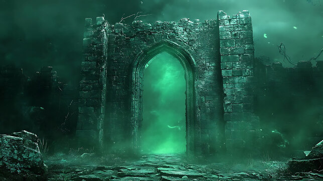 Animation , Ancient castle gate with a mysterious green glow on green scren