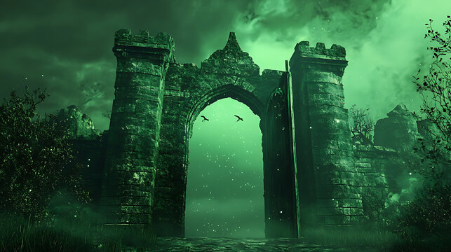 Animation , Ancient castle gate with a mysterious green glow on green scren
