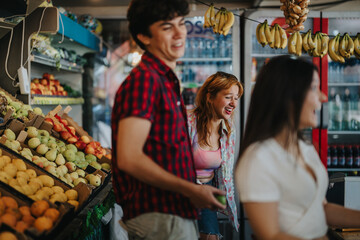 A group of friends happily shopping at a local greengrocer, selecting fresh fruits and vegetables. The lively atmosphere reflects enjoyment and healthy lifestyle choices.