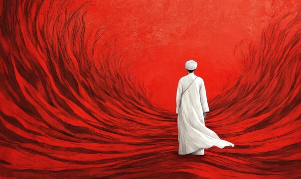 figure in a white robe with a turban, standing before a parted sea of red, symbolizing a significant and dramatic event or miracle