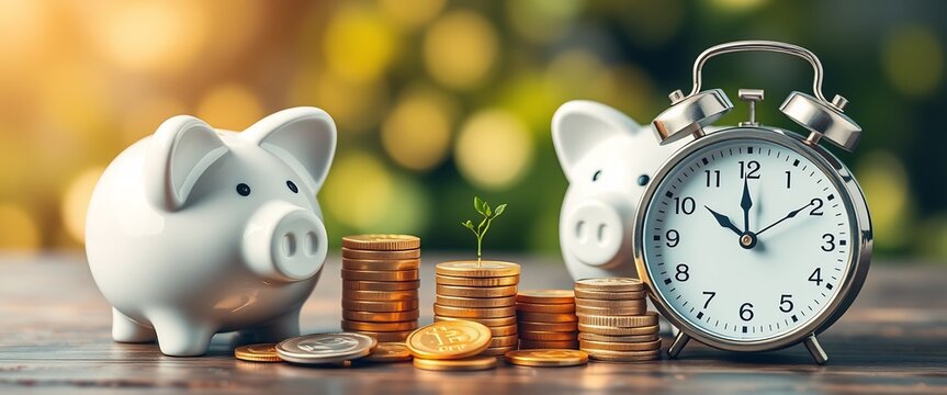 Wealth growth investment, pension fund, profit strategy with gold coins, piggybank, and clock photo bokeh style