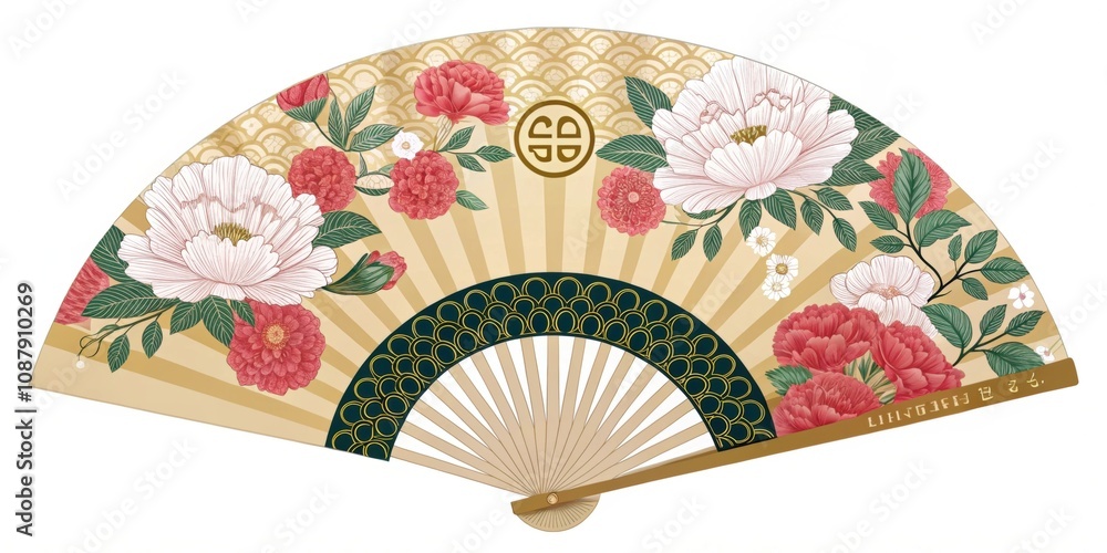 Poster prosperity pattern a wideopen fan featuring a repeating gold s motif intertwined with peonies and ch