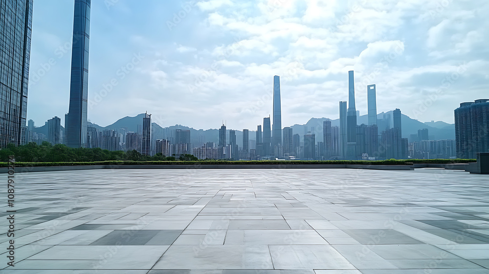 Poster empty square floor with urban skyline background in shenzhen, china