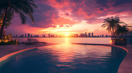 Impressive luxury penthouse terrace with infinity pool overlooking miami skyline at sunset 3d illustration