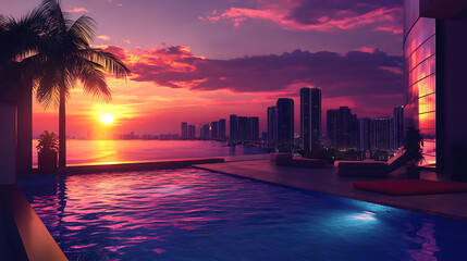 Obraz premium Impressive luxury penthouse terrace with infinity pool overlooking miami skyline at sunset 3d illustration