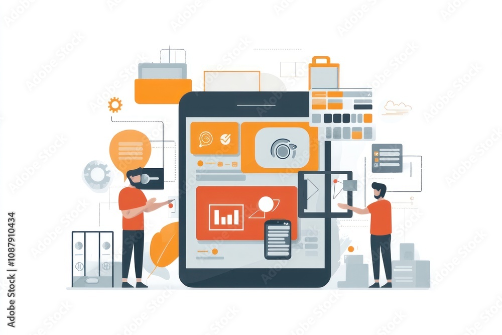 Poster two men working on a large smartphone, surrounded by icons representing web design, mobile app devel