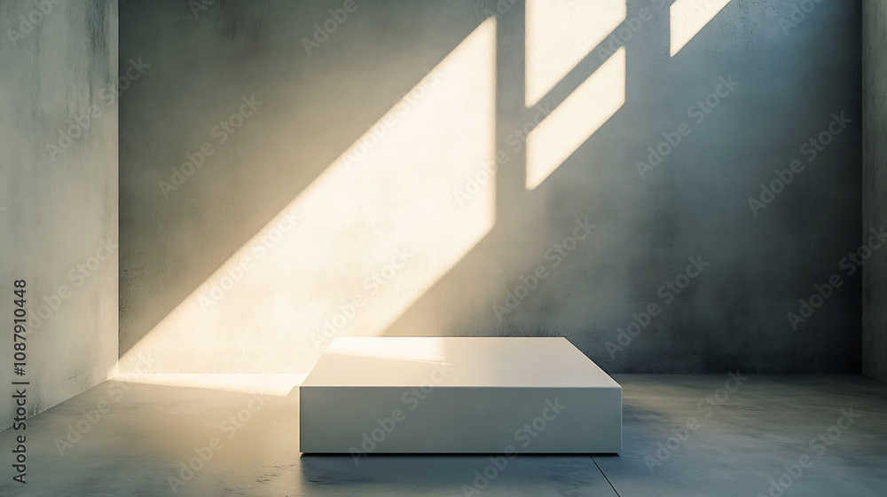 Poster minimalist 3d-rendered geometric background with an empty white square podium, incorporating natural