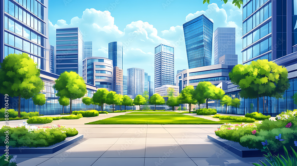 Poster modern campus with modern architecture, green lawns and trees in front of the building