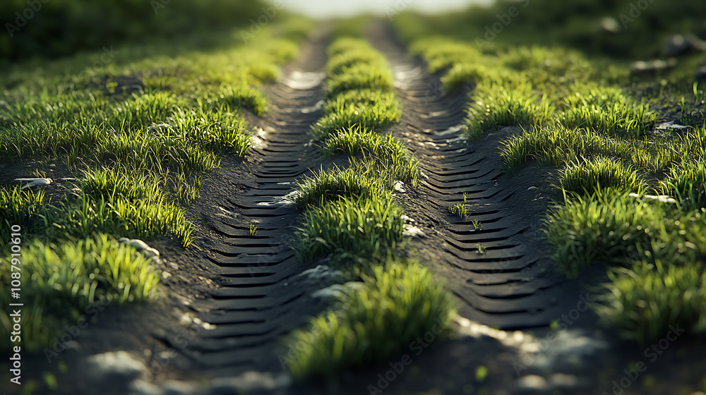 Poster a 3d illustration creatively uses tire tracks as grass, blending elements of nature with automotive 