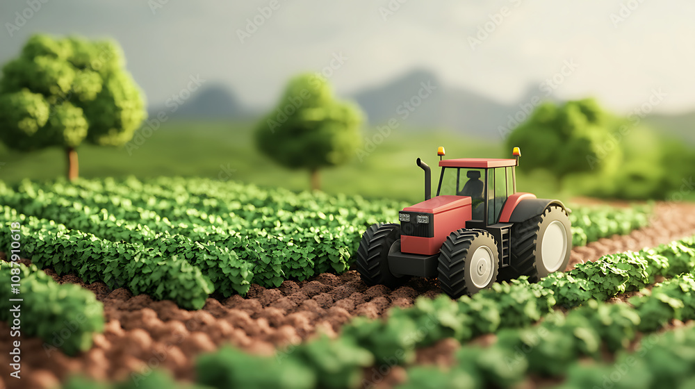 Poster a 3d rendered farm scene features green farmland with crops and a tractor isolated on a piece of lan