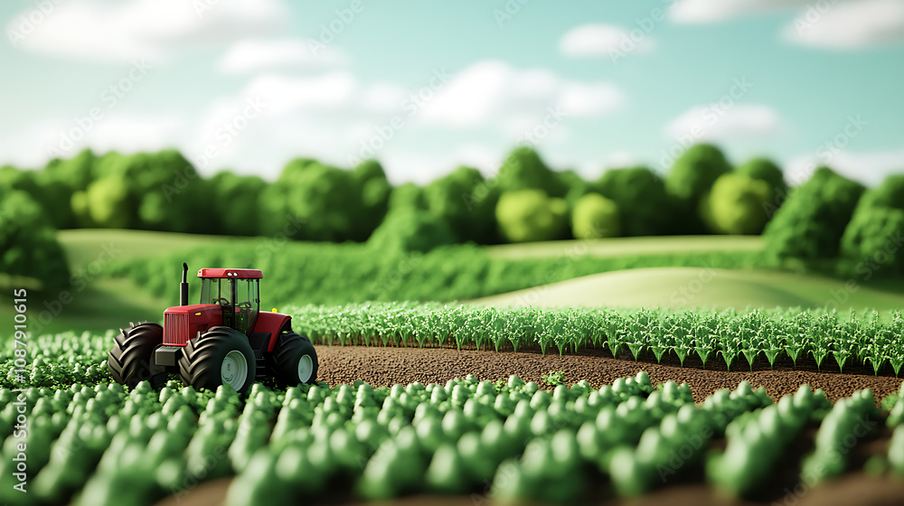 Poster a 3d rendered farm scene features green farmland with crops and a tractor isolated on a piece of lan