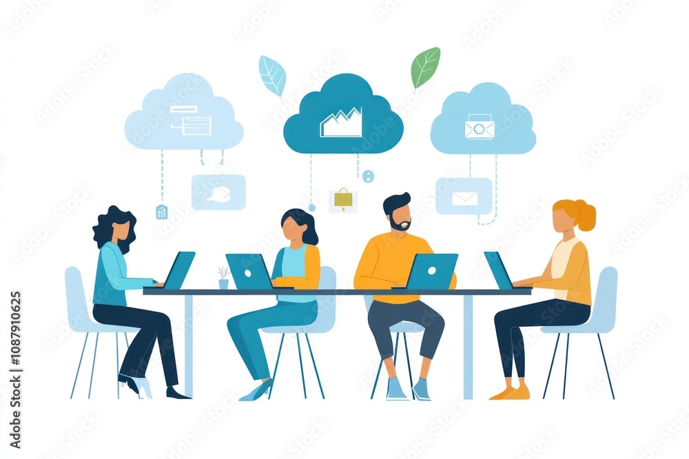 Poster four people working on laptops, connected to cloud computing services with icons representing data s