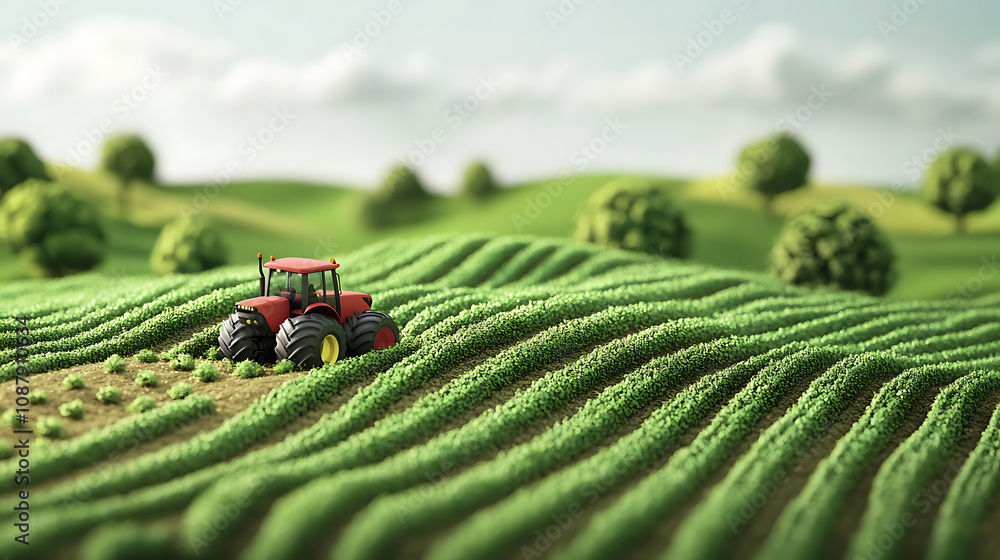 Poster a 3d rendered farm scene features green farmland with crops and a tractor isolated on a piece of lan