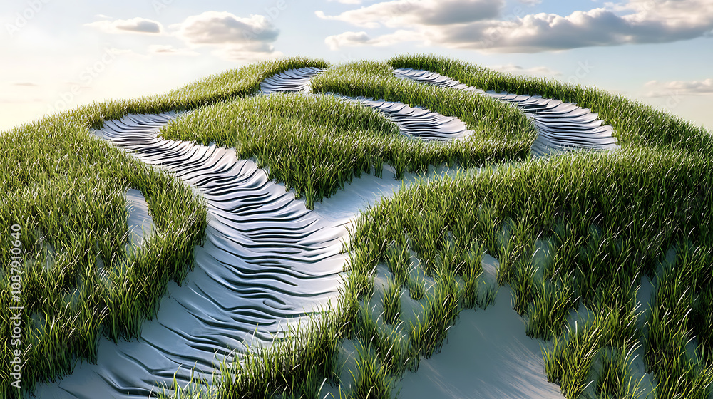 Poster a 3d illustration creatively uses tire tracks as grass, blending elements of nature with automotive 