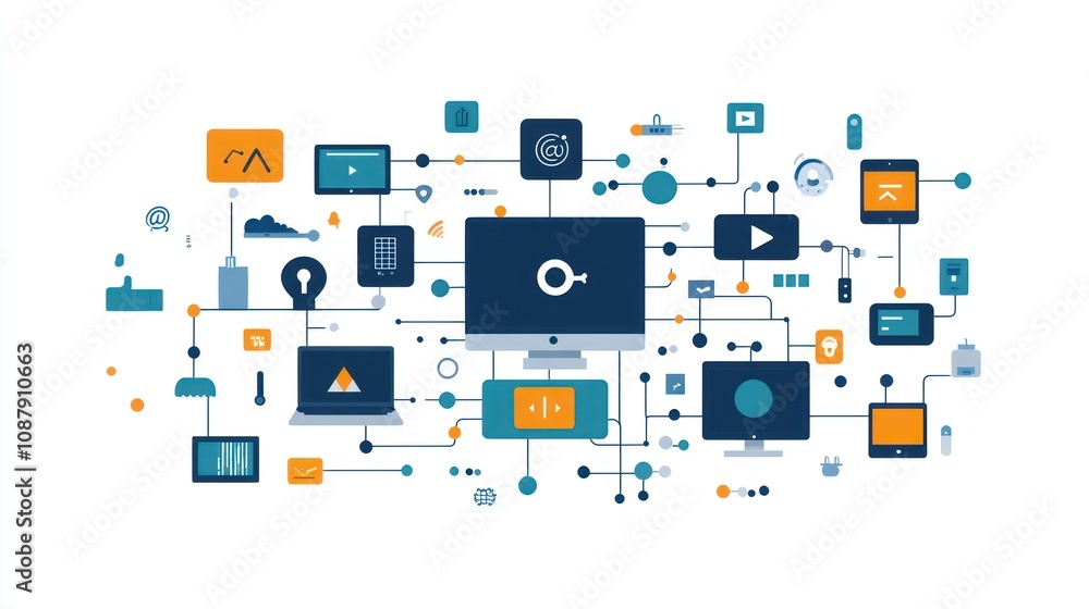 Poster abstract illustration of connected devices and digital technologies with lines and icons.
