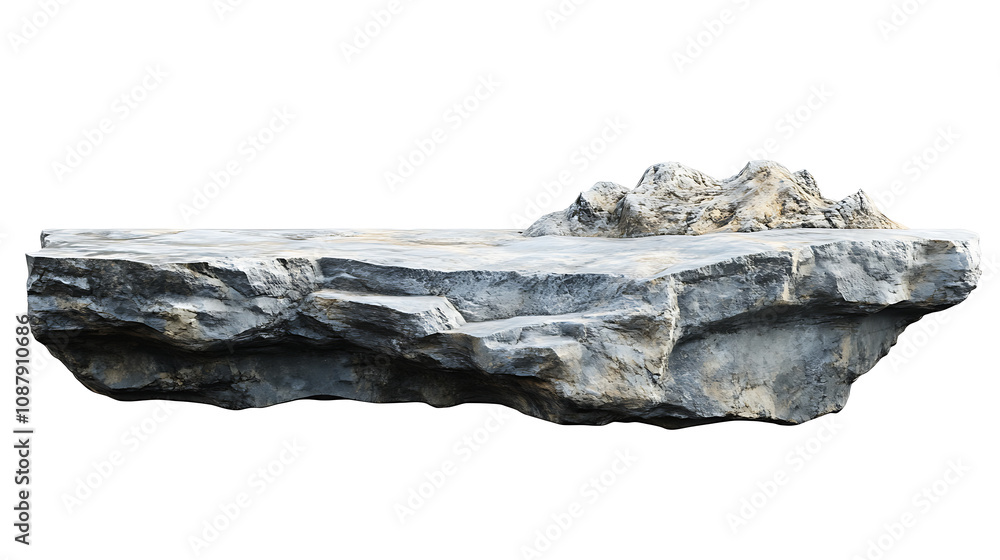 Poster Perspective view of a rock shelf for product display, focusing on the detailed texture of natural stone isolated on a white background