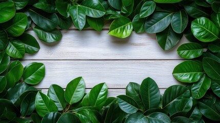 Green leaves framing a wooden background.