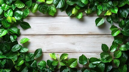 Green leaves framing a wooden background.
