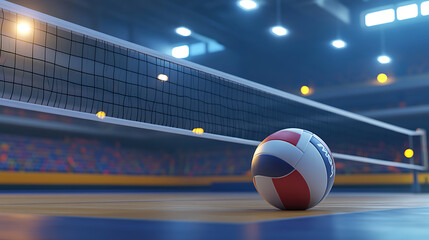 A 3D illustration of a volleyball ball and net in an arena during a match, capturing the competitive environment