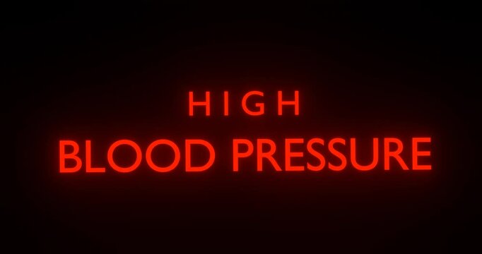 glowing red neon sign, red alert, warning, high blood pressure detected, animation of text displaying high blood pressure warning, hypertension and cardiac health backdrop, health care and educational