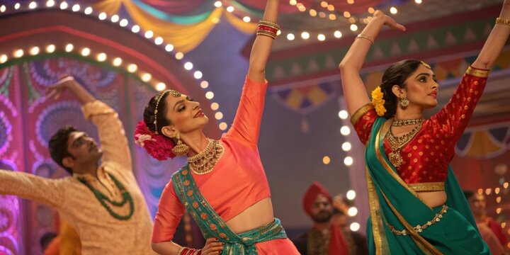 Two female indian dancers wearing traditional clothing and jewelry are performing a lavani dance on a brightly lit stage, showcasing the rich cultural heritage of maharashtra, india