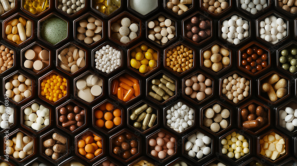 Fototapete a collection of various capsules and pills containing dietary supplements or medicines arranged in h