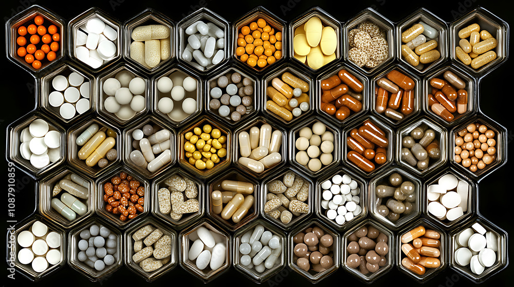 Aufkleber A collection of various capsules and pills containing dietary supplements or medicines arranged in hexagonal jars, resembling a honeycomb pattern, This composition provides a visually appealing