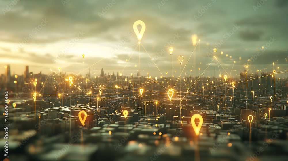 Aufkleber A conceptual 3D rendering presents a city with abstract connected location pins against a dull sky background, a navigation concept with a focus on interconnectedness and location tracking