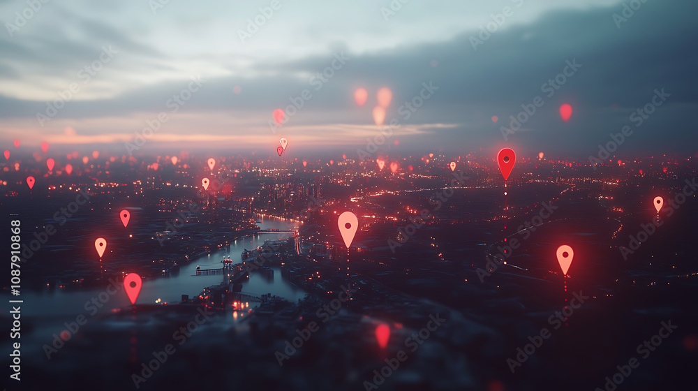 Poster A conceptual 3D rendering presents a city with abstract connected location pins against a dull sky background, a navigation concept with a focus on interconnectedness and location tracking