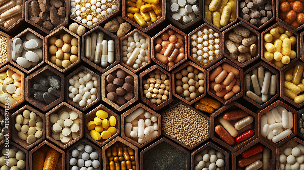 Poster A collection of various capsules and pills containing dietary supplements or medicines arranged in hexagonal jars, resembling a honeycomb pattern, This composition provides a visually appealing