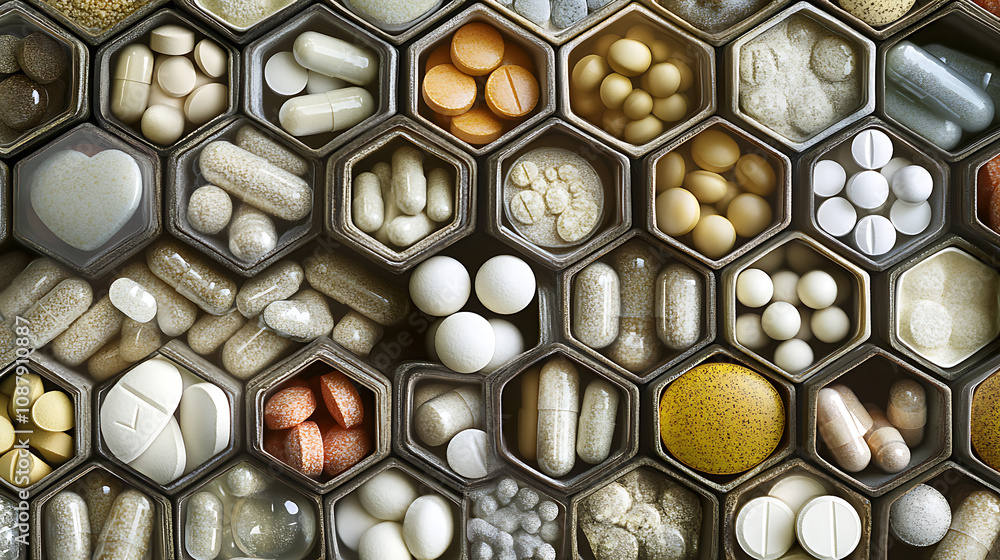 Poster A collection of various capsules and pills containing dietary supplements or medicines arranged in hexagonal jars, resembling a honeycomb pattern, This composition provides a visually appealing