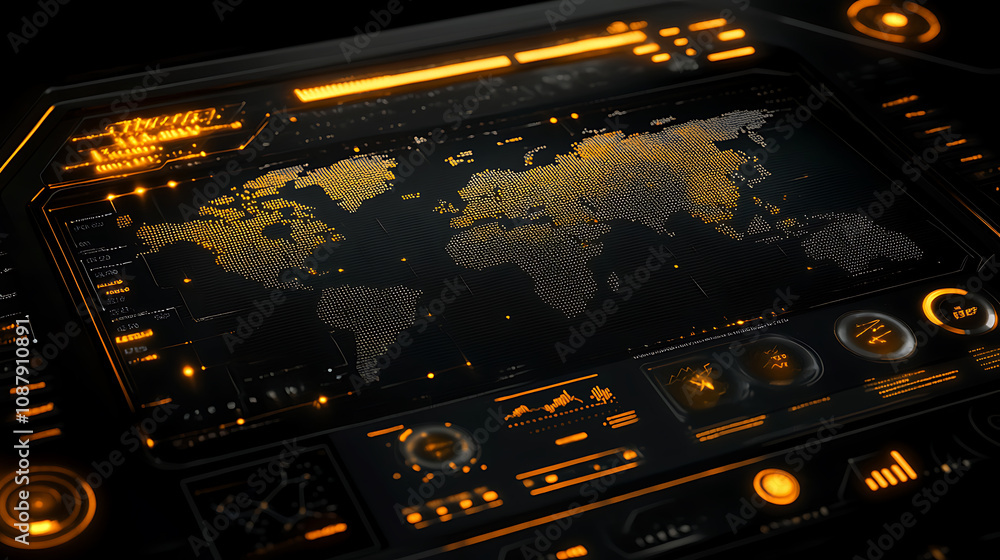 Poster A HUD UI displays a futuristic user interface with 3D global world maps and business data charts, illustrating advanced technology solutions for business analytics