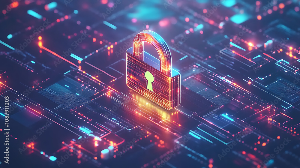 Leinwandbilder a digital padlock icon symbolizes cyber security and network data protection technology, featuring a