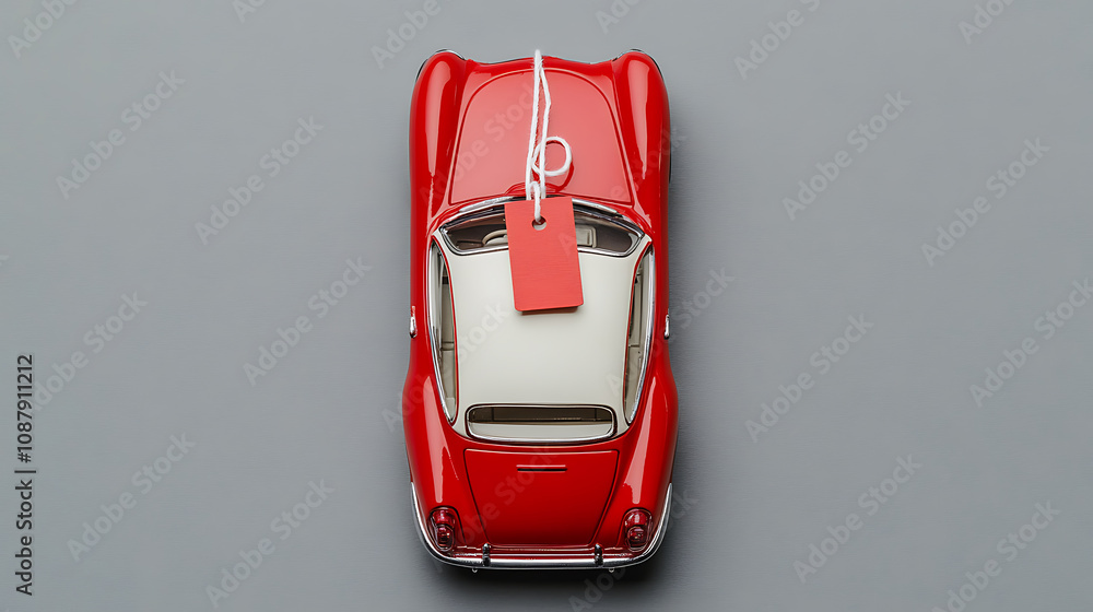 Poster A toy car model with a price tag is displayed on a gray background, offering a top view and a conceptual representation of value