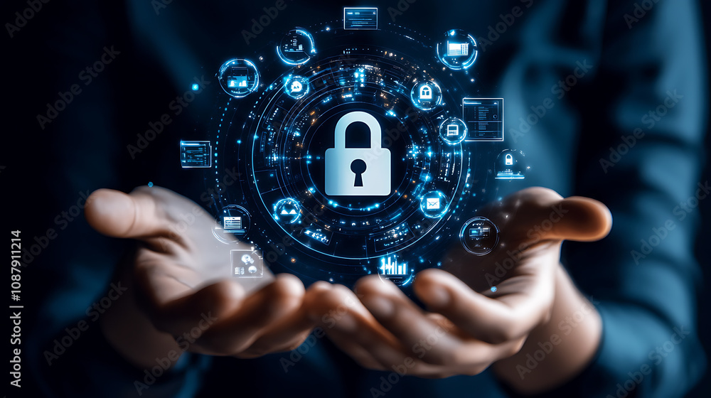 Poster a digital padlock icon symbolizes cyber security and network data protection technology, featuring a