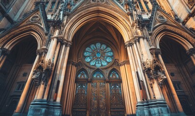 Fototapeta premium Intricately decorated facade and entrance of a grand cathedral featuring ornate carvings, large archways, columns, and stained glass windows