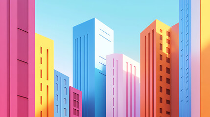 Obraz premium Colorful city buildings, simple shapes and lines, minimalism, bold outlines, cute, simple design, simple background