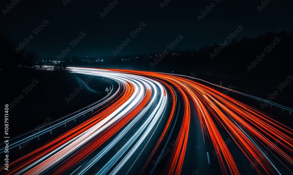 Poster long exposure shot of a highway at night with red and white car light trails creating dynamic, curvi