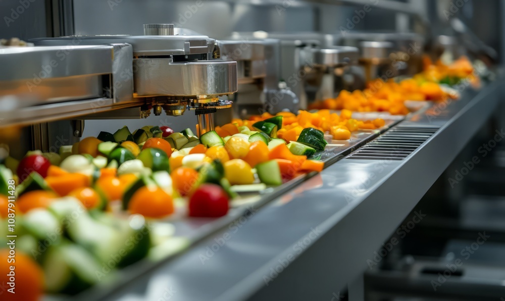 Poster automated food processing machines slicing vegetables in a highspeed production line, food slicing a